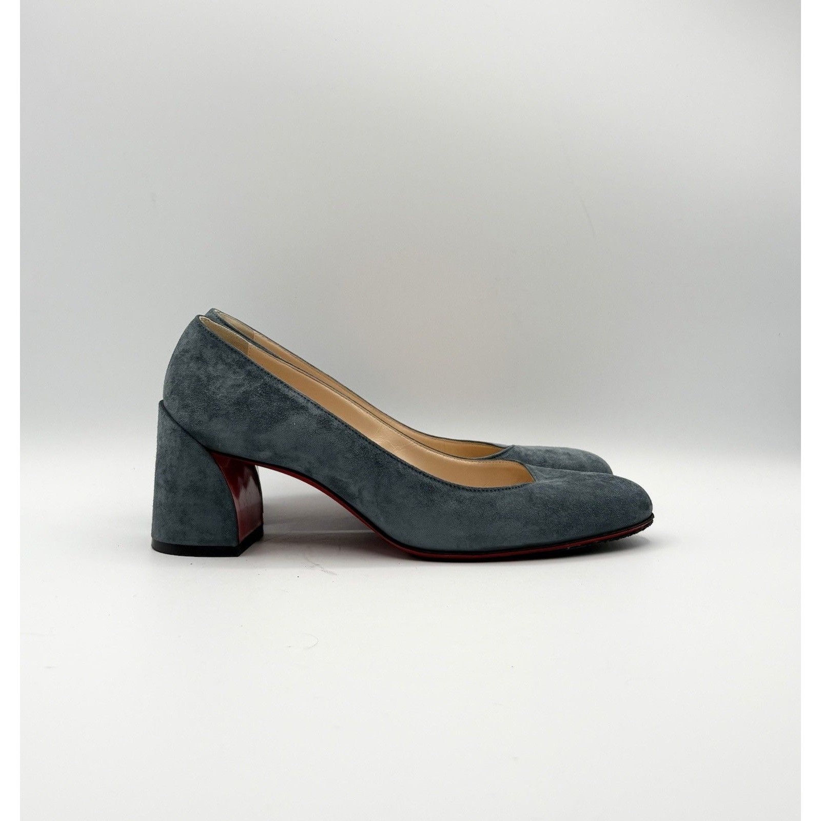 Christian Louboutin Blue Suede Low Block Heels Miss Sab 55 Size Eu 37